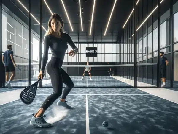 Beginner padel player hitting a controlled forehand volley at the net