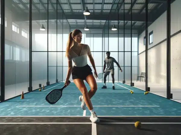 Beginner padel player on norwegian indoor court using back glass for control