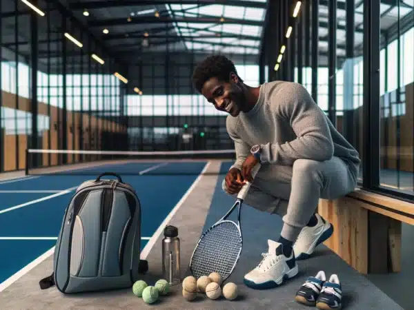 Beginner padel player with round racket balls and shoes in norwegian hall