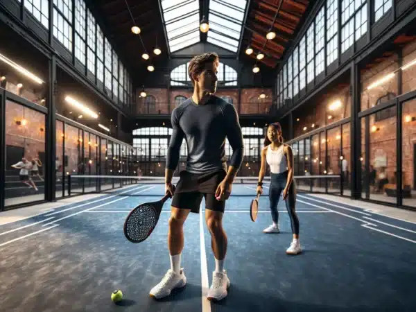 Busy indoor padel center in norway winter snow visible through high windows