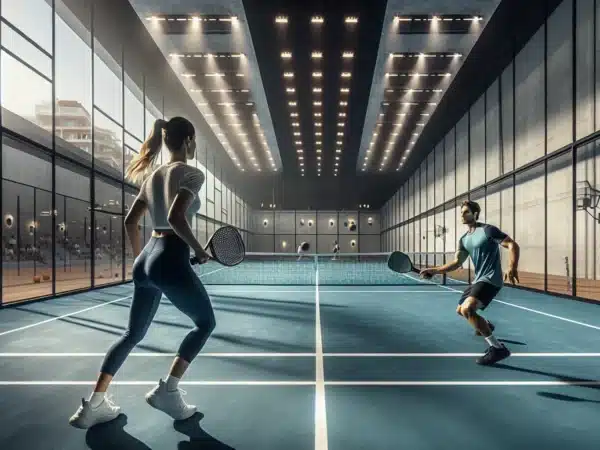 Indoor padel in bergen under high ceilings with rain outside the hall