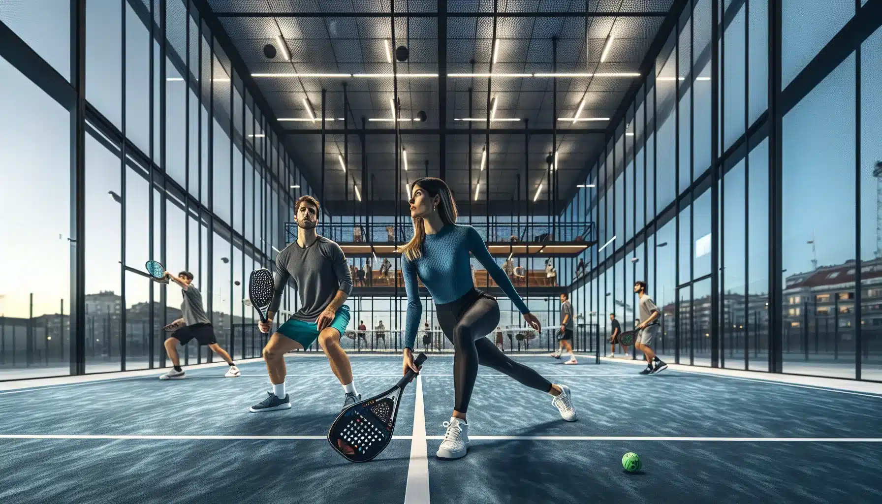 Mixed age doubles playing padel in a busy oslo indoor center at dusk