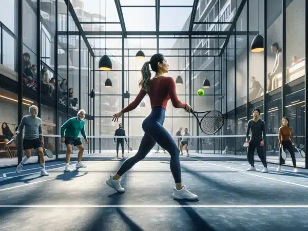 Mixed age players rally on a busy indoor norwegian padel court in winter