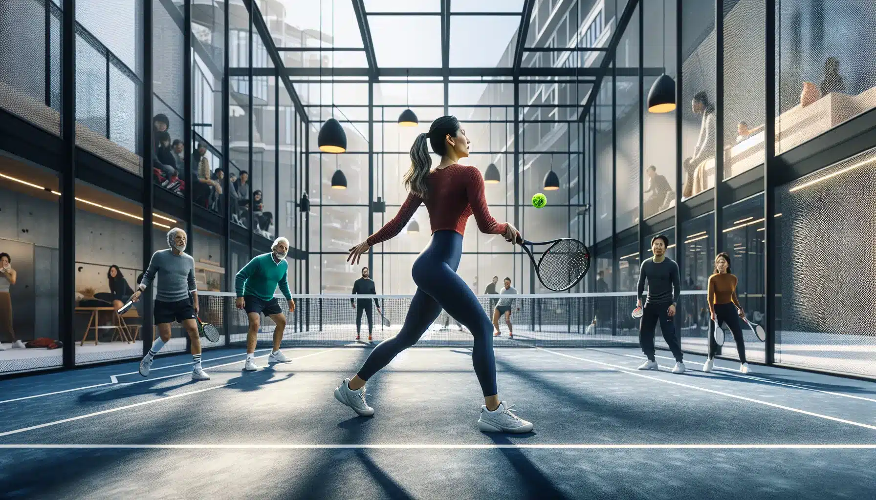 Mixed age players rally on a busy indoor norwegian padel court in winter