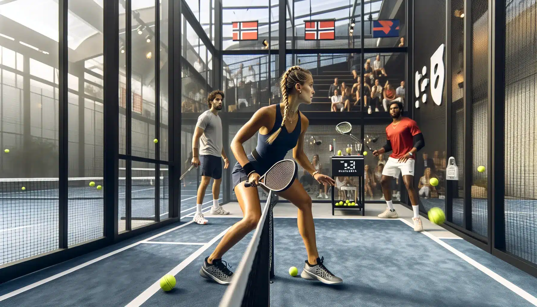 Mixed doubles padel match at a norwegian tournament inside a modern hall