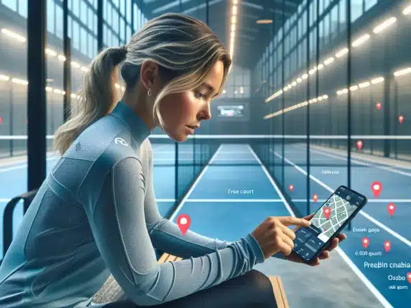 Norwegian player booking a padel court on phone beside indoor court