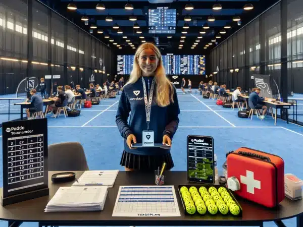 Organizer checks in players at norwegian indoor padel tournament courts active behind