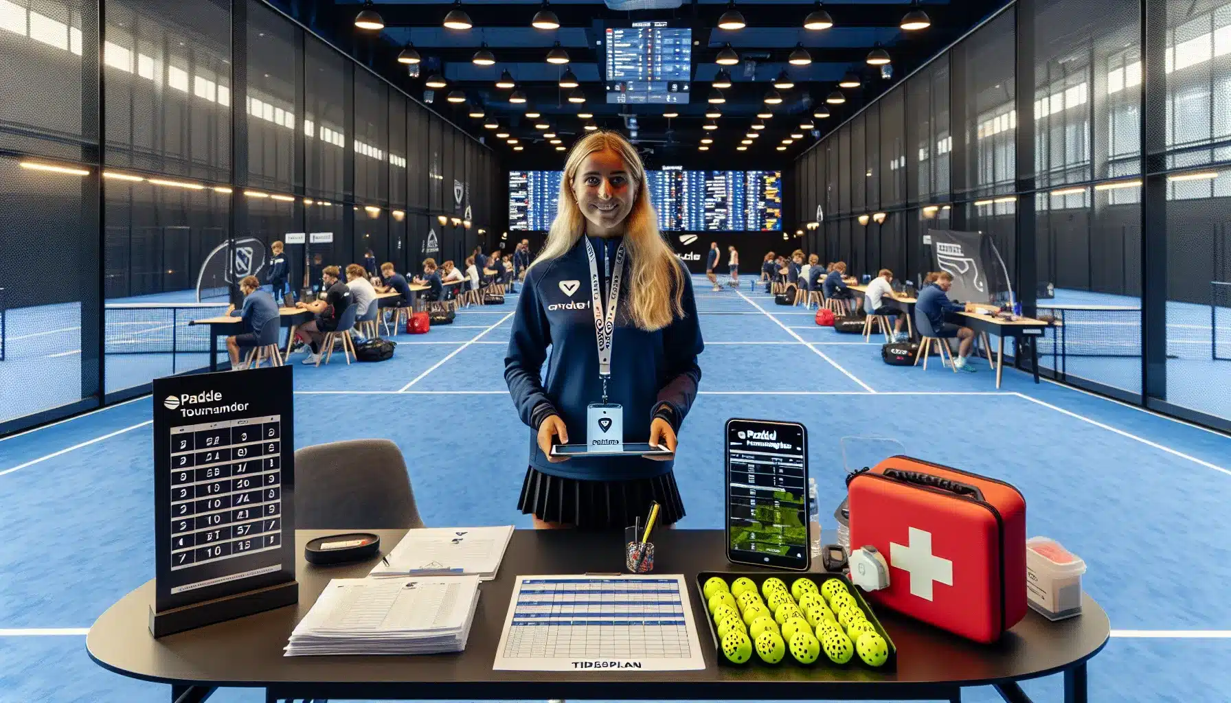 Organizer checks in players at norwegian indoor padel tournament courts active behind