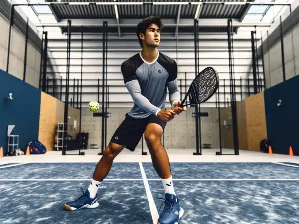 Padel player serving with hip level strike on a norwegian indoor court
