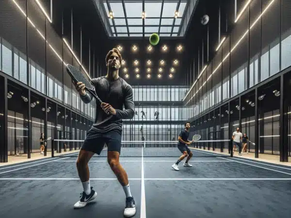 Players on top tier indoor padel courts in trondheim under bright led lights