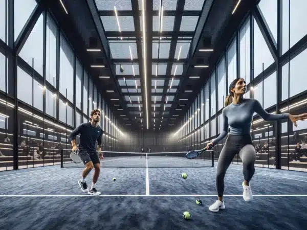 Players rally on an indoor oslo padel court with high ceilings and led lighting