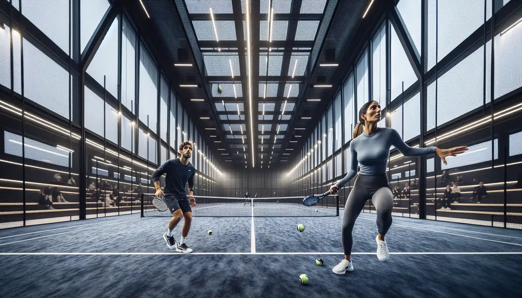 Players rally on an indoor oslo padel court with high ceilings and led lighting
