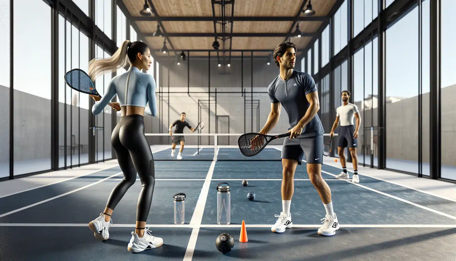 Recreational players practice doubles padel indoors in norway smiling and focused