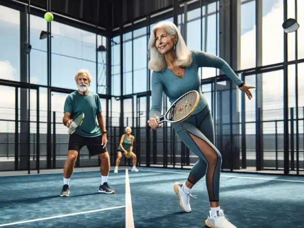Two norwegian seniors play doubles padel on a glass walled indoor court