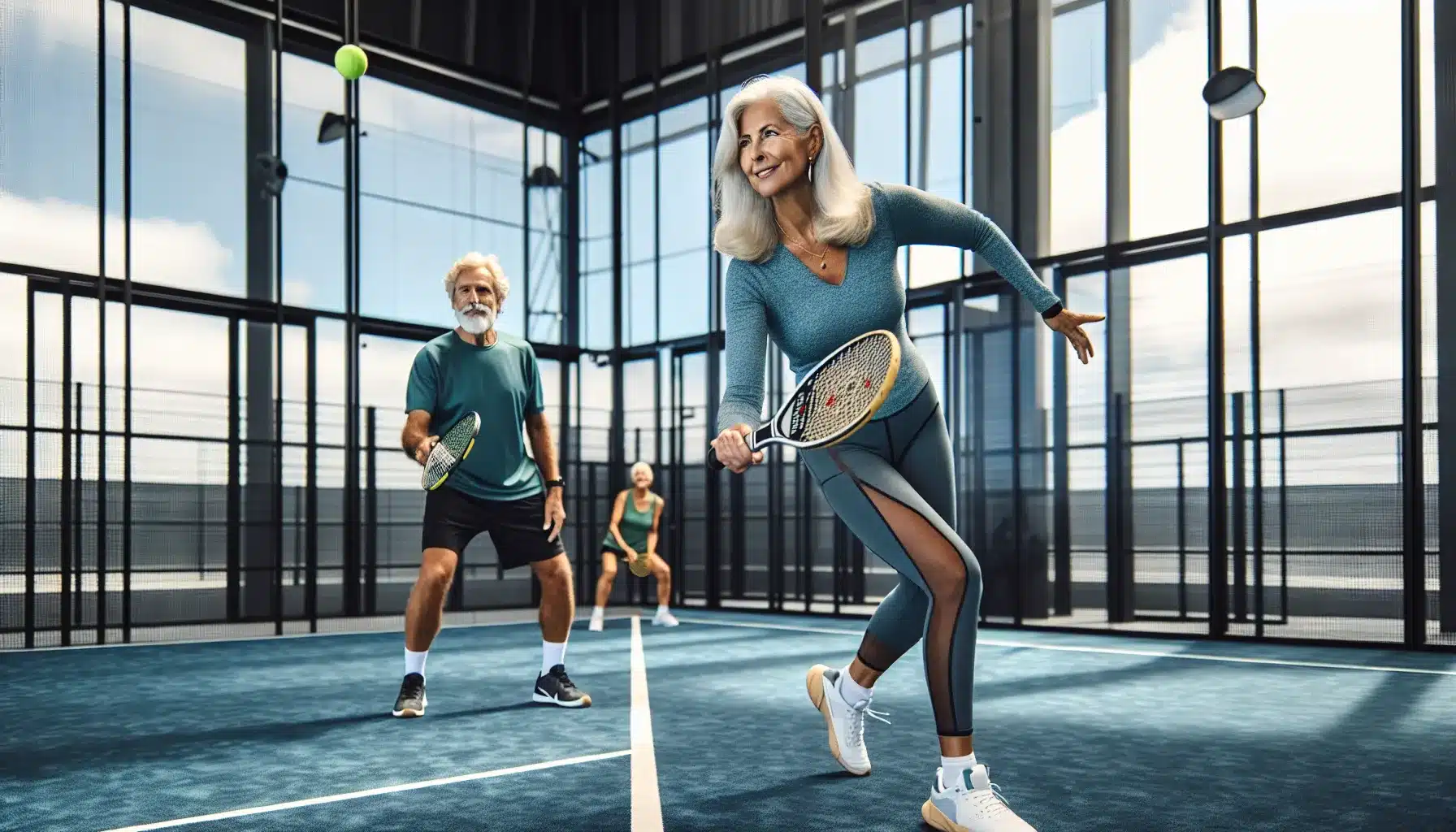 Two norwegian seniors play doubles padel on a glass walled indoor court