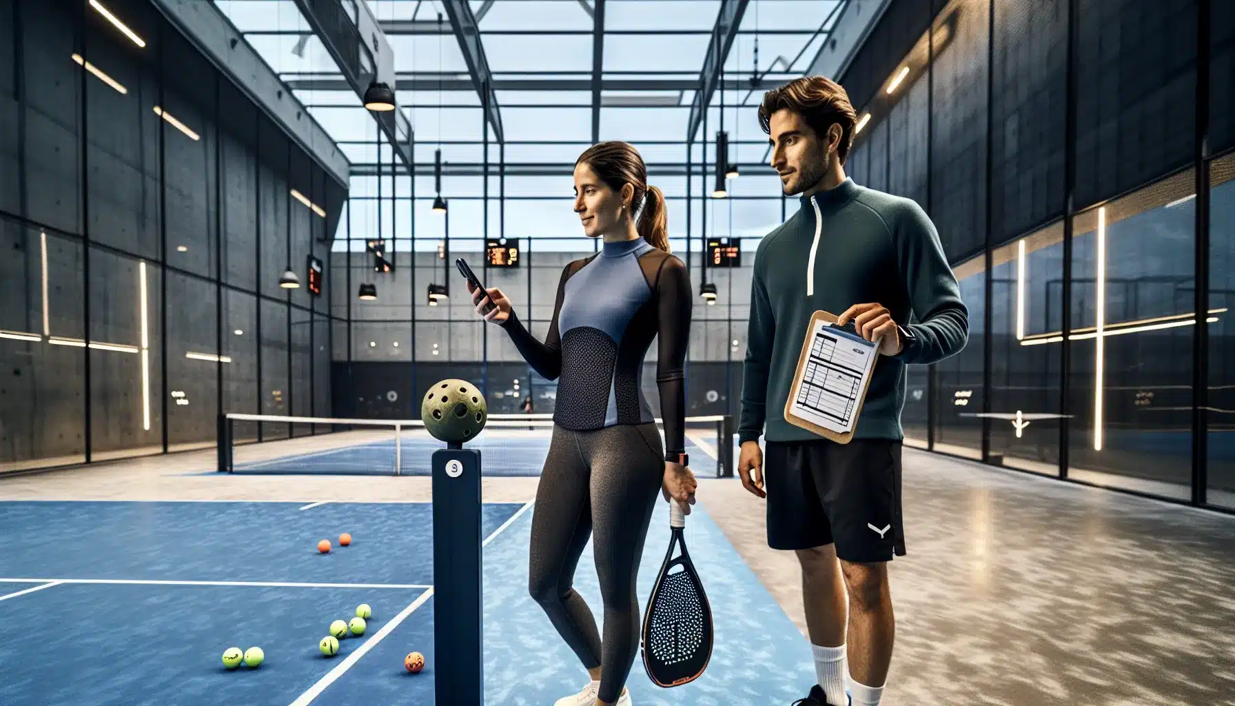 Two padel players in norway discuss roles and signals on an indoor court