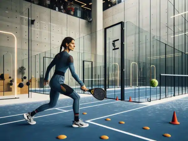 Two players drill padel bandeja and volleys with cones in a norwegian indoor court