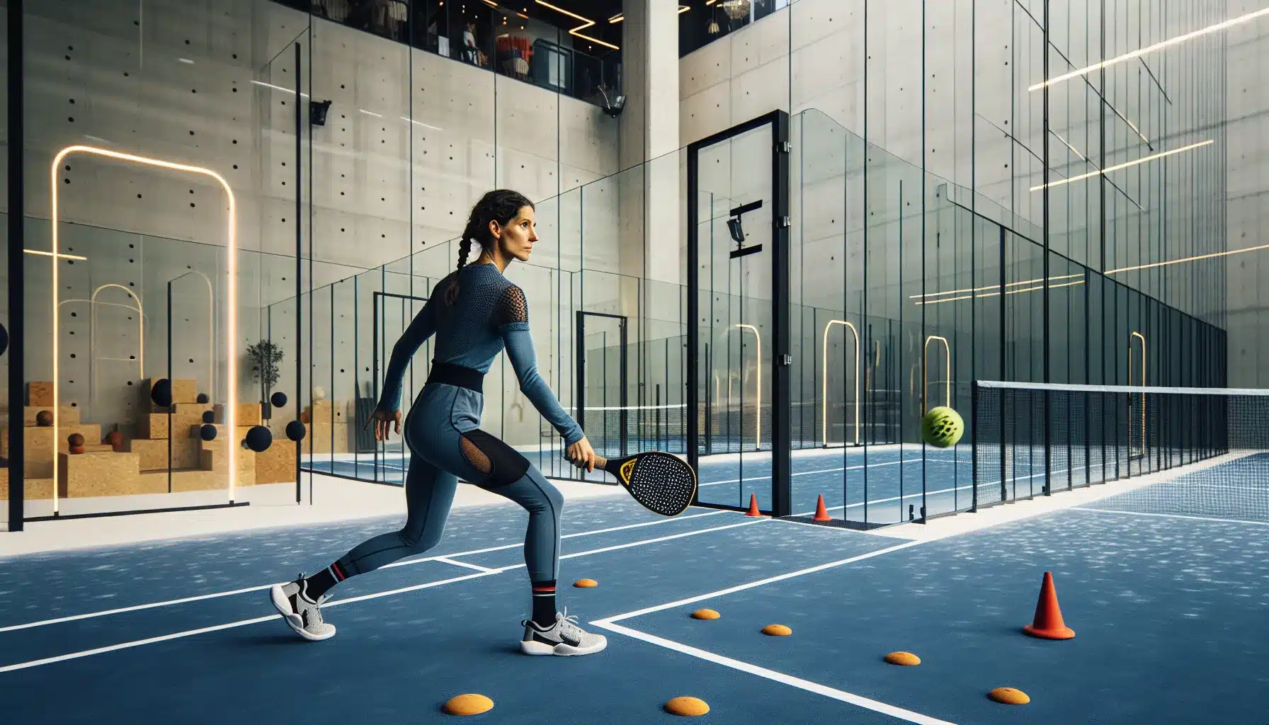 Two players drill padel bandeja and volleys with cones in a norwegian indoor court