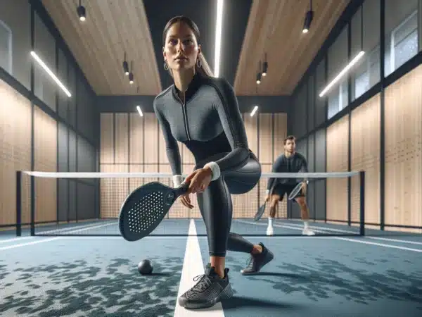 Two players on an indoor padel court while it rains outside