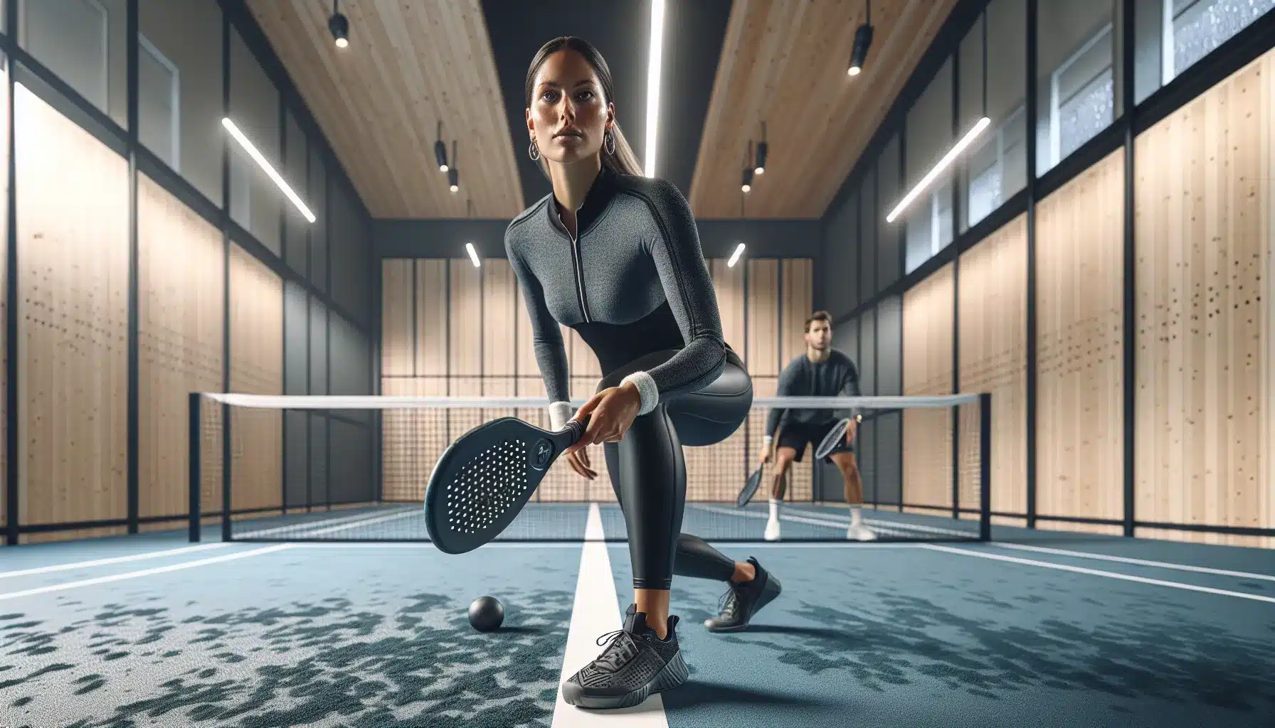 Two players on an indoor padel court while it rains outside